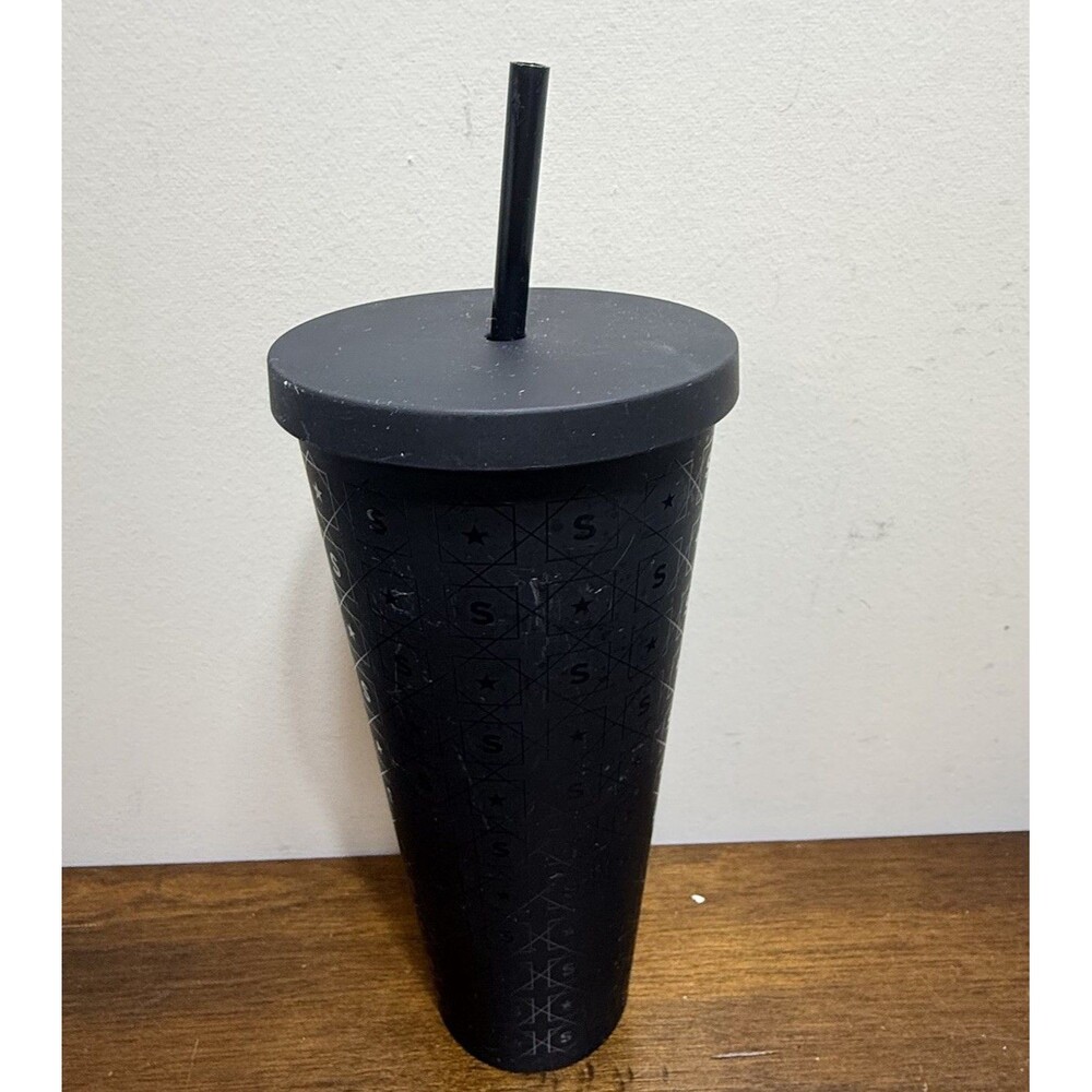 Starbucks Coffee 2017 Matte Black “S” Pattern Acrylic Cold Tumbler Travel - Picture 2 of 7